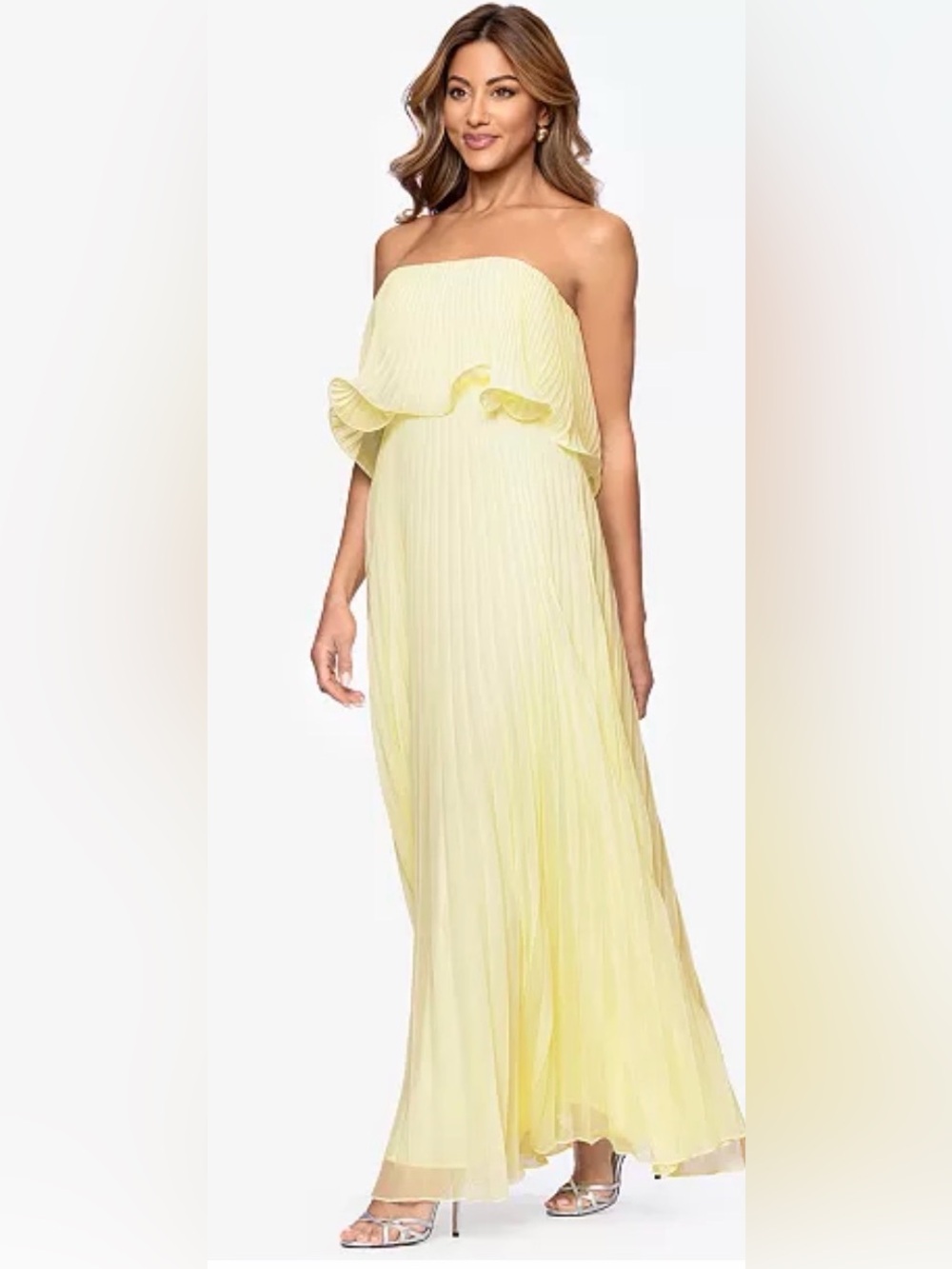 Betsy & Adam Strapless Pleated Maxi Dress in Pale Yellow